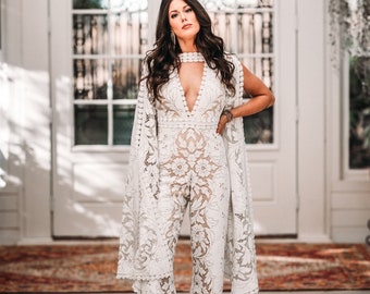 Lainey, Wedding jumpsuit, boho wedding dress, lace jumpsuit, bohemian wedding, vintage lace, fringe, fringe dress, wedding dress