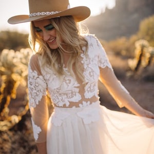 Wedding dress, boho wedding dress, mesh lace wedding dress, chiffon skirt, beach wedding dress, lace sleeve wedding dress, beach wedding