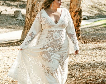 Bohemian Wedding Dress, Boho Wedding Dress, Vintage lace wedding dress, Deep V Wedding Dress