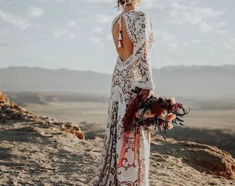 Boho Wedding Dress With Long Sleeves, Hippie Lace Wedding Dress, Romantic  Elopement Rustic Wedding Dress, Wrap Style Dress Style NALA -  Canada