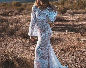 Wedding dress, lace wedding dress, boho wedding dress, boho lace dress, bohemian wedding dress, bell sleeve dress, bell sleeve wedding dress