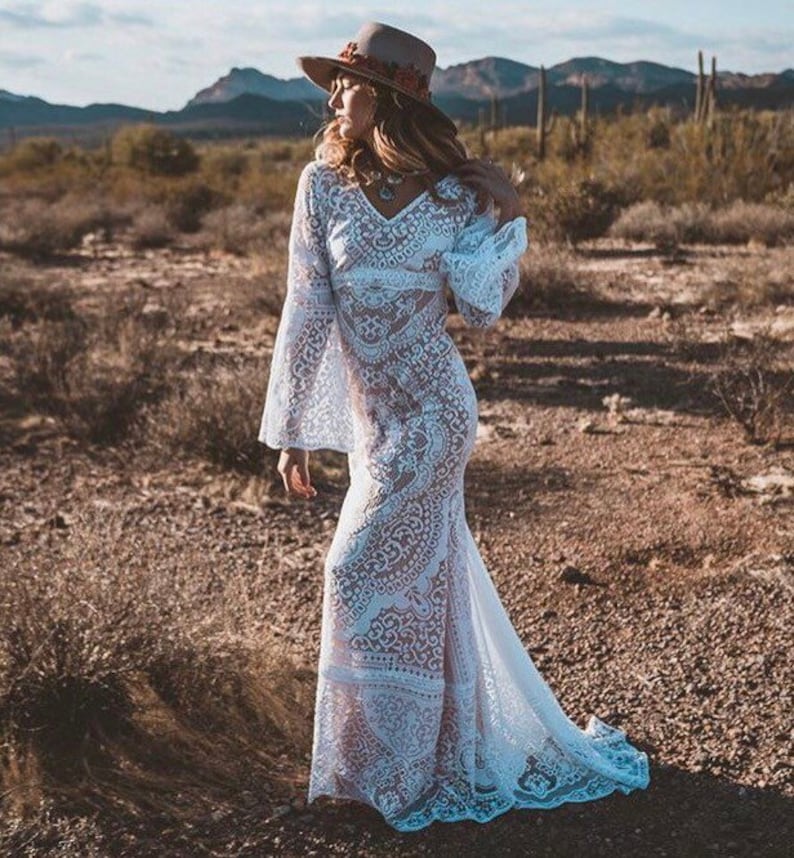 Donna, Wedding dress, lace wedding dress, boho wedding dress, boho lace dress, bohemian wedding dress, bell sleeve dress, bell sleeve image 3