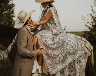 Boho Wedding Dress, Bohemian Wedding Dress, Lace Wedding Dress, Slit Wedding Dress, Open Back Wedding Dress