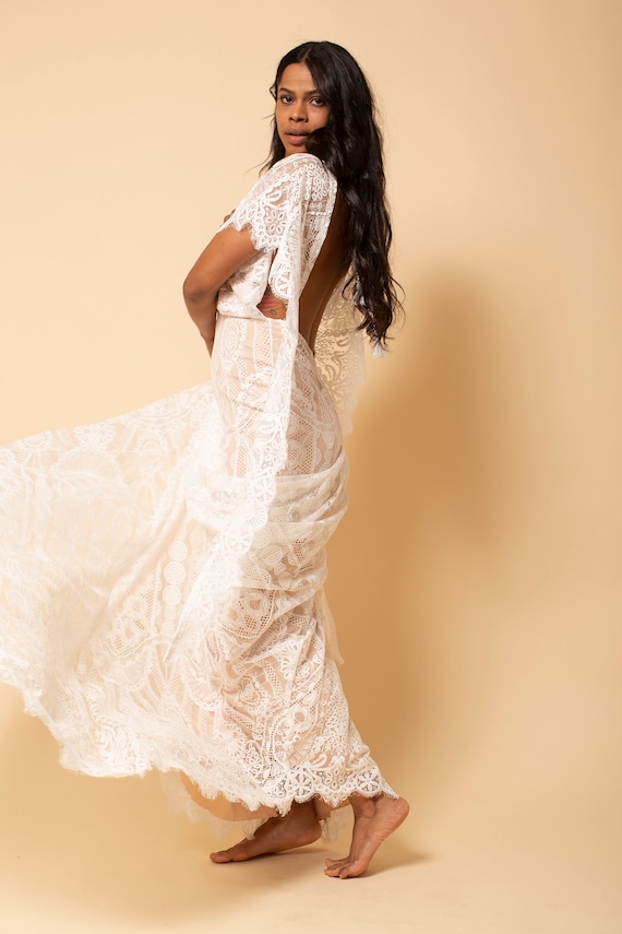 boho white lace dress White Lace Backless Boho Maxi Dress Brynlee