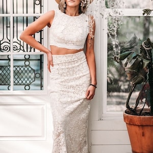 Brandi, Boho Wedding Dress, Bohemian Wedding Dress, cropped Top wedding dress, lace wedding dress, two piece wedding dress