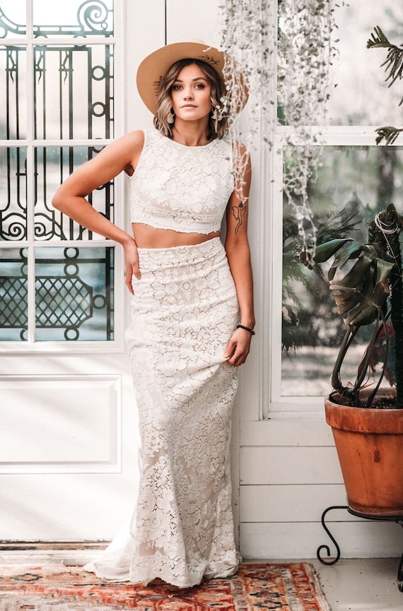 Shop white lace two piece maxi dress Online Sale