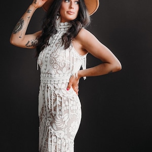 Sample dress, High neck wedding dress, fringe wedding dress, boho fringe wedding dress,
