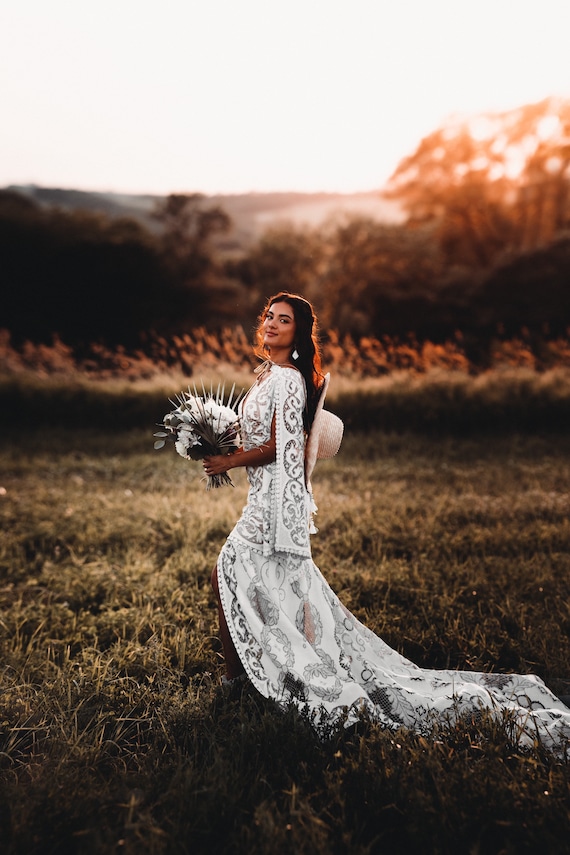 boho wedding dress with slit Plus Size Boho Wedding Dress with Lace and V-Neck - Long Sleeves Wedding Dress with Deep Front Cut and High Slit