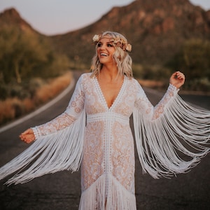 Abito campione, abito da sposa boho, abito da sposa in pizzo, abito da sposa con frange, abito da sposa hippie, abito da festa,