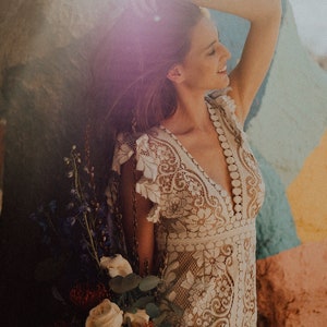 Alanis, Wedding dress, boho wedding dress, lace wedding dress, slit wedding dress, ruffle sleeve, vintage lace, vintage wedding dress,