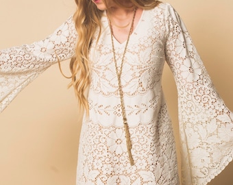 Sample Dress, Crochet  Lace Dress, Crochet Lace Wedding Dress, Boho Wedding Dress, Crochet Lace Bell Sleeve Dress, Bell Sleeve Wedding Dress