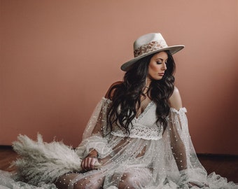 Boho wedding dress, maternity photo dress, puff sleeve dress, photo shoot dress, pearl wedding dress