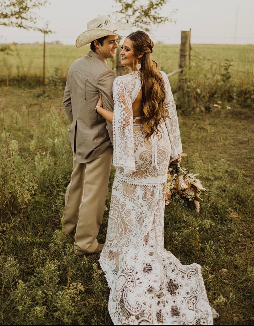 bohemian wedding dress amazon Tanya, Boho Wedding Dress, Bohemian Wedding Dress, Lace Wedding Dress, Slit Wedding  Dress, Open Back Wedding Dress