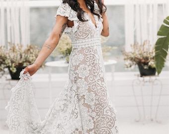 かぎ針編みのウェディングドレス、ユニークな手作りのガウン、結婚式用