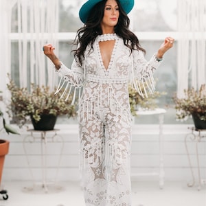 Sierra, Fringe Jumpsuit, Fringe wedding jumpsuit, wedding jumpsuit, wedding pants suit, boho lace, lace jumpsuit, lace pants suit, western