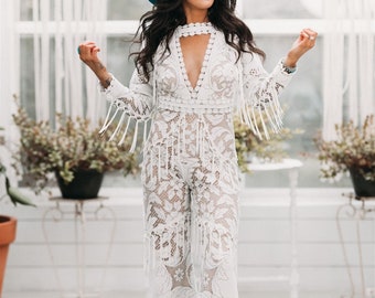 Sierra, Fringe Jumpsuit, Fringe wedding jumpsuit, wedding jumpsuit, wedding pants suit, boho lace, lace jumpsuit, lace pants suit, western