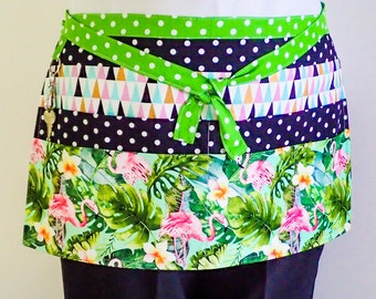 Teachers Apron Tropical Flamingos & Monstera Hibiscus, lined day care kindergarten teacher vendor market waist apron, 6 pockets