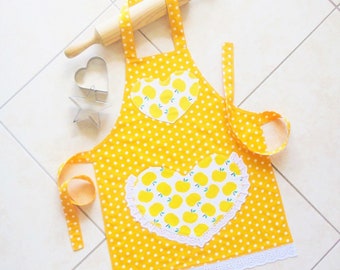 Childs/Toddlers Apron Yellow with Polka Dots & Apples, girls lined kitchen cooking play cotton apron, lace heart pocket