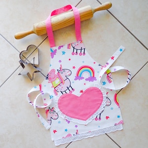 Peppa Pig Girls Apron Pink, kid/toddler play kitchen lined cotton apron Peppa Pig, Unicorns & Rainbows and heart lace pocket, Halloween gift