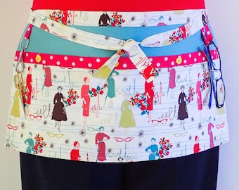 Craft Half Apron vintage 1950's fashions print, teachers hobby utility dressmaking sewers knitting & quilters apron, 4 pockets