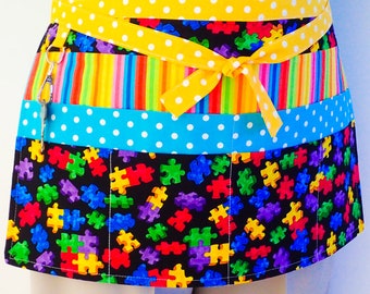 Teachers Apron Jigsaw Puzzle pieces & Rainbow stripes, preschool kindergarten day care and special needs education teachers, 6 pockets