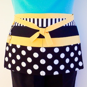 Multi-Purpose Vendors & Teachers Apron, Black Yellow Stripe Polka Dot Half Apron, utility kindergarten school cafe waitress apron, 6 pockets