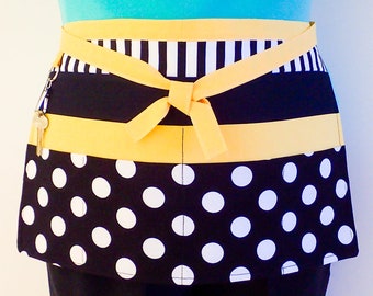Vendors/Teachers Apron Black & Yellow, Stripes and Polka Dots Half Apron, utility kindergarten school cafe waitress, 6 pockets
