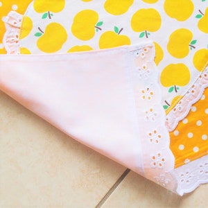 Childs/Toddlers Apron Yellow, girls lined kitchen cooking craft play cotton apron with polka dots and apples, lace heart pocket & border image 4