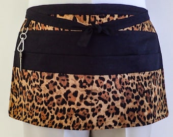 Leopard Print Utility Vendor Waitress Server Teachers Apron, Black lined cotton market cafe apron, 6 pockets