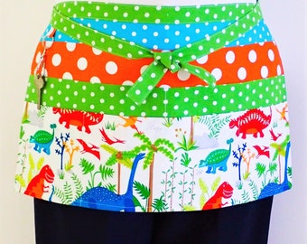 Teacher Apron Dinosaurs & Polka Dots, preschool kindergarten day care appreciation, utility vendor market waist apron, 6 pockets