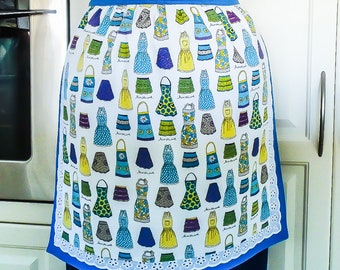 Vintage Style 1950's Retro Half Apron, Women's Kitchen baking lined Cotton Waist Apron with Lace Trimming, Mum Gift, Free shipping