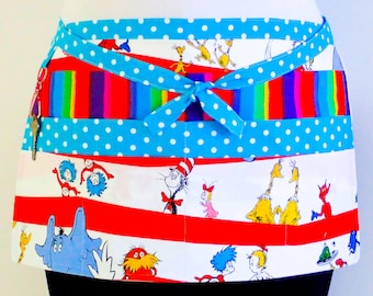 Teacher Apron Dr Seuss & Rainbow stripes, daycare kindergarten teacher apron, Seuss Cat in the Hat and Fox in Socks vendor apron, 6 pockets