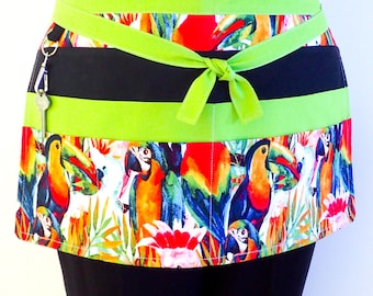 Teachers Apron Tropical Parrots/Toucans, preschool teacher appreciation, lined utility market vendor server half apron, 6 pockets