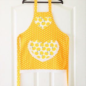 Childs/Toddlers Apron Yellow, girls lined kitchen cooking craft play cotton apron with polka dots and apples, lace heart pocket & border image 5