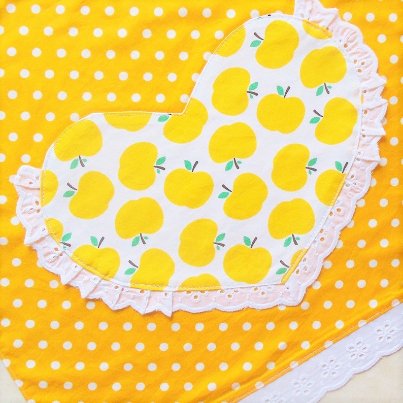 Childs/Toddlers Apron Yellow, girls lined kitchen cooking craft play cotton apron with polka dots and apples, lace heart pocket & border image 2