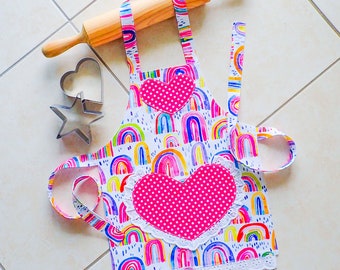 Kids/Toddlers Apron Pink, girls lined cotton apron with rainbows and polka dots, play kitchen baking art craft apron with heart lace pocket