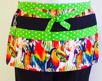 Teachers Apron Tropical Parrots, preschool teacher appreciation gift, lined utility market stall vendor server waist apron, 6 pockets