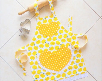 Kids/Toddlers Apron Yellow, girls lined kitchen craft play cotton apron with apples and polka dots, heart lace pocket and border