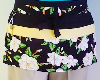 Teachers Apron Magnolias, floral utility preschool art craft market vendors café waitress florists half apron, 6 pockets