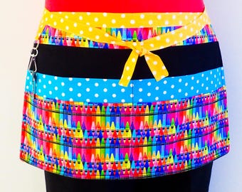 Teachers Apron Crayons, preschool kindergarten art teacher appreciation, lined utility vendor market apron, 6 pockets