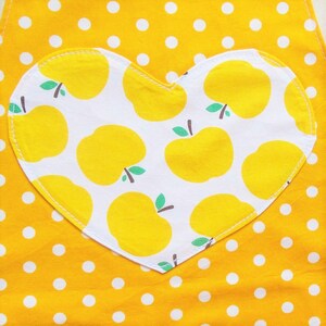 Childs/Toddlers Apron Yellow, girls lined kitchen cooking craft play cotton apron with polka dots and apples, lace heart pocket & border image 3