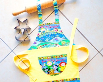 Yellow Sunshine-themed Kids/Toddlers Apron, girls & boys lined baking play cotton pocket apron, age 2-6 yrs