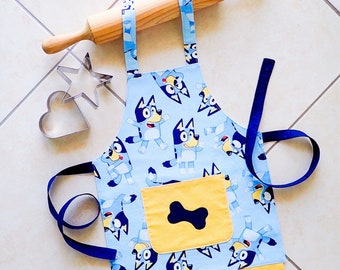 Blue Kids/Toddlers Doggy Apron with Applique Bone on Pocket, girls/boys Birthday Christmas Halloween lined cotton play craft baking