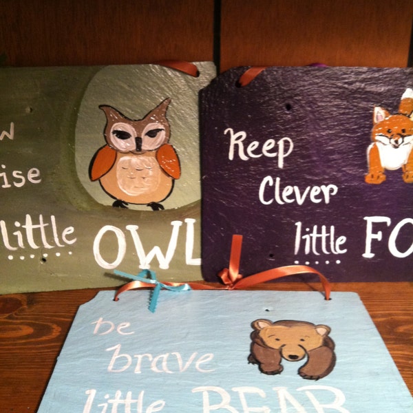 Nursery Signs,Nursery Decor, Woodland animals, Home decor, Painted slate, Owl Sign, Fox sign,Bear sign