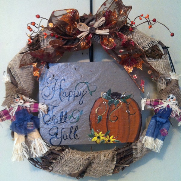 Autumn Wreath, Fall Wreath, Scarecrow Wreath, Happy Fall Yall Wreath, Front Door Decor,Rustic Home Decor,  Southern Home Decor