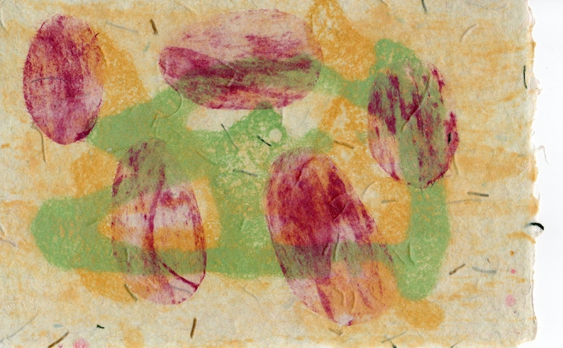 Pulp painting ready to be framed pigmented pulp linen. Base sheet made from abaca with mixed in treads