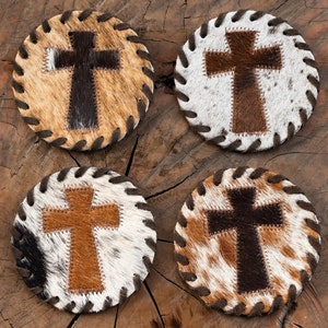 Cross Cowhide Coasters Cross Cowhide Coaster Set Cowhide Leather Coasters Cowhide Leather Coaster Set New Home Gift for Her Gift for Him