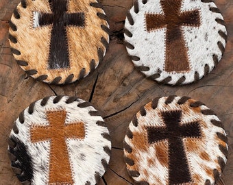 Cross Cowhide Coasters Cross Cowhide Coaster Set Cowhide Leather Coasters Cowhide Leather Coaster Set New Home Gift for Her Gift for Him
