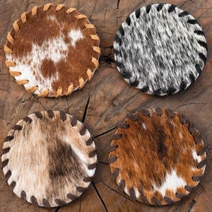 Cowhide Coasters Cowhide Coaster Set Cowhide Leather Coasters Cowhide Leather Coaster Set New Home Gift for Her Gift for Him Barware