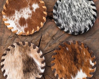 Cowhide Coasters Cowhide Coaster Set Cowhide Leather Coasters Cowhide Leather Coaster Set New Home Gift for Her Gift for Him Barware